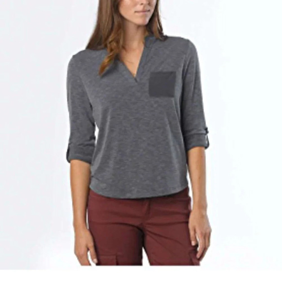 PRANA Ashlyn heather grey mixed media tab sleeve split 'V' neck hi low blouse - Picture 1 of 12